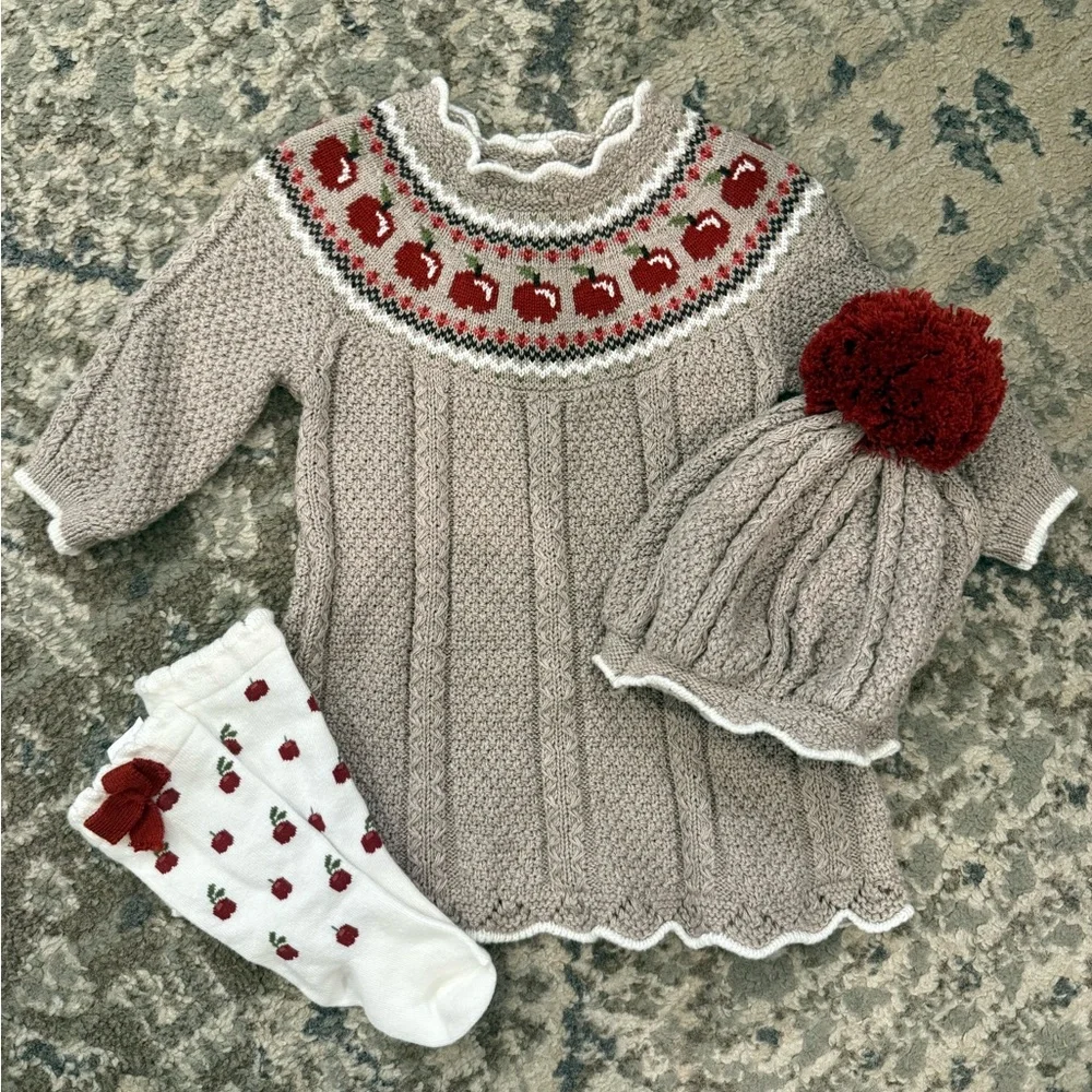 Tahari Taupe Knit Baby Dress with Red Apple Pattern